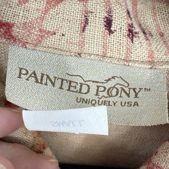 Painted Pony Linen Topper Jacket Boxy Small Boho Batik Print Big Button Artsy - Picture 10 of 10